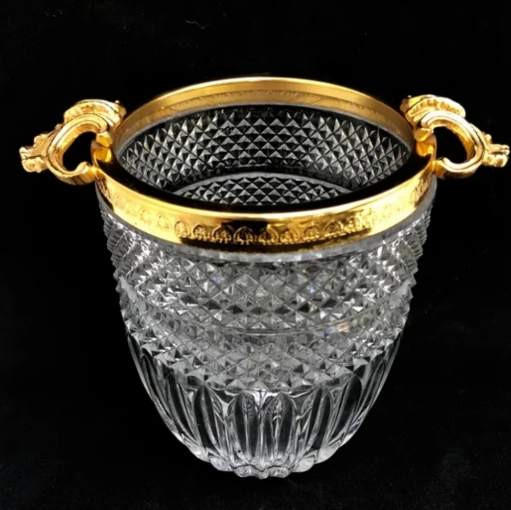 Vintage Hollywood Regency Crystal Glass Ice Bucket with Gold Trim